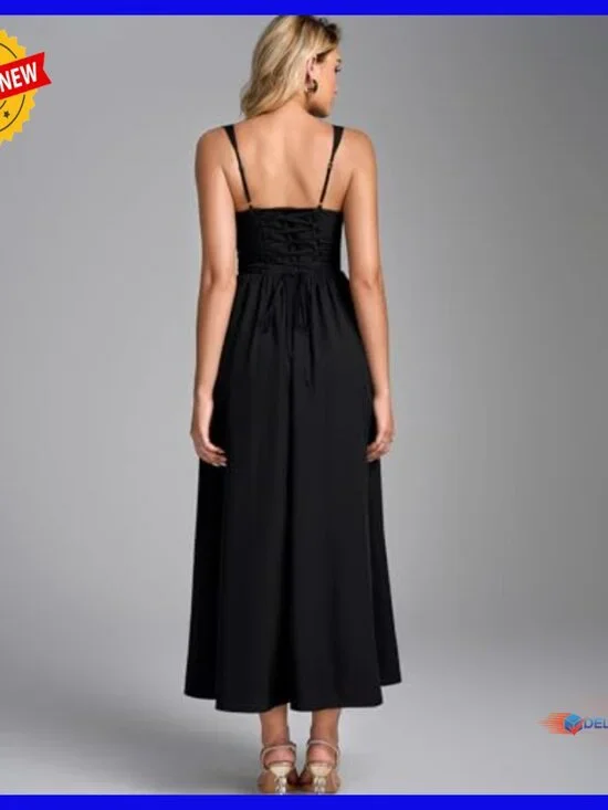 Corset Midi Dress Lace Up Back A-Line Flowy Formal Wedding Guest Sundress - Picture 3 of 6